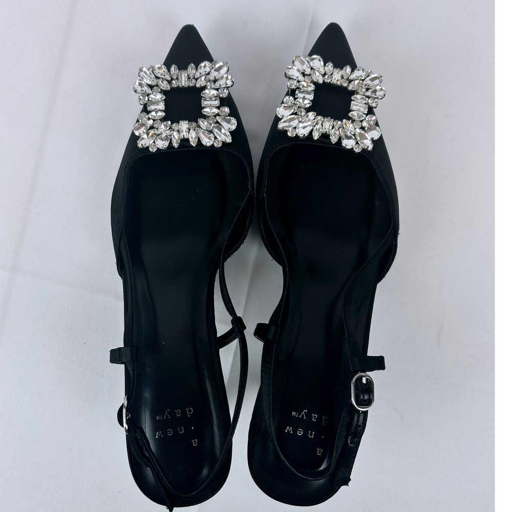 A New Day Black Satin Crystal Buckle Pointed Toe Slingback Kitten Heels 8.5